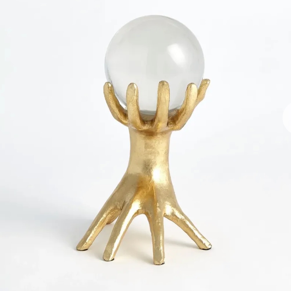 Gold Hand Sculpture with Glass Sphere